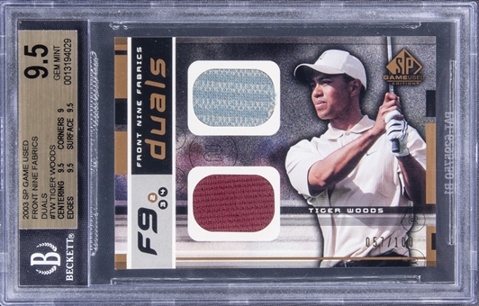 2003 Upper Deck SP Game Used "Front Nine Fabrics" #TW Tiger Woods Dual Patch Card (#057/100) - BGS GEM MINT 9.5